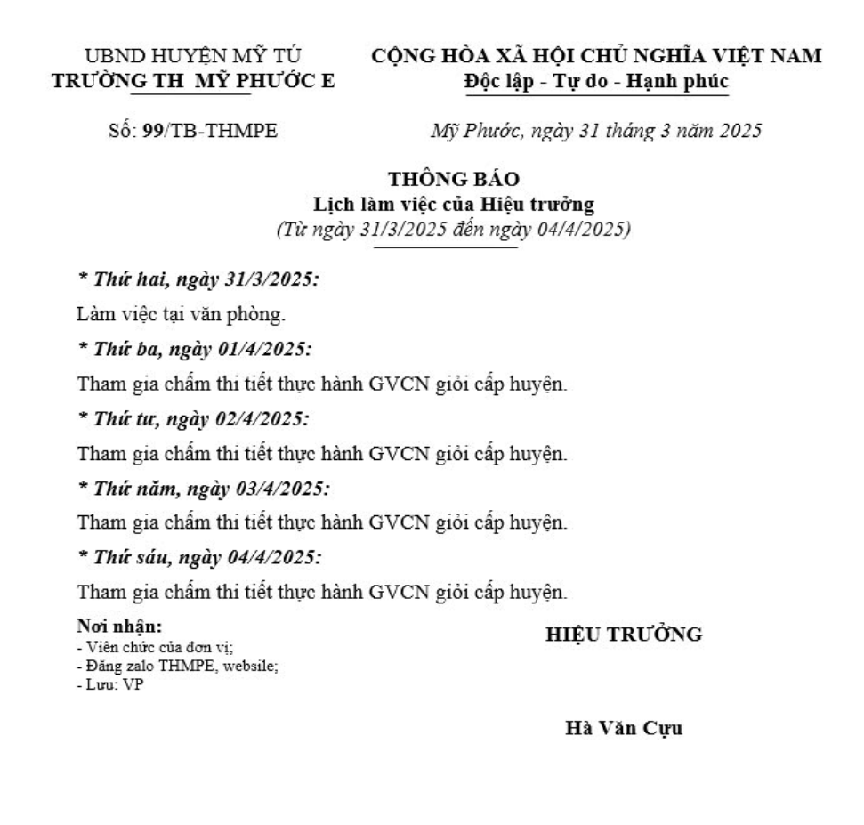 Lịch làm việc hiệu trưởng từ 31/03 đến 4/4/2025